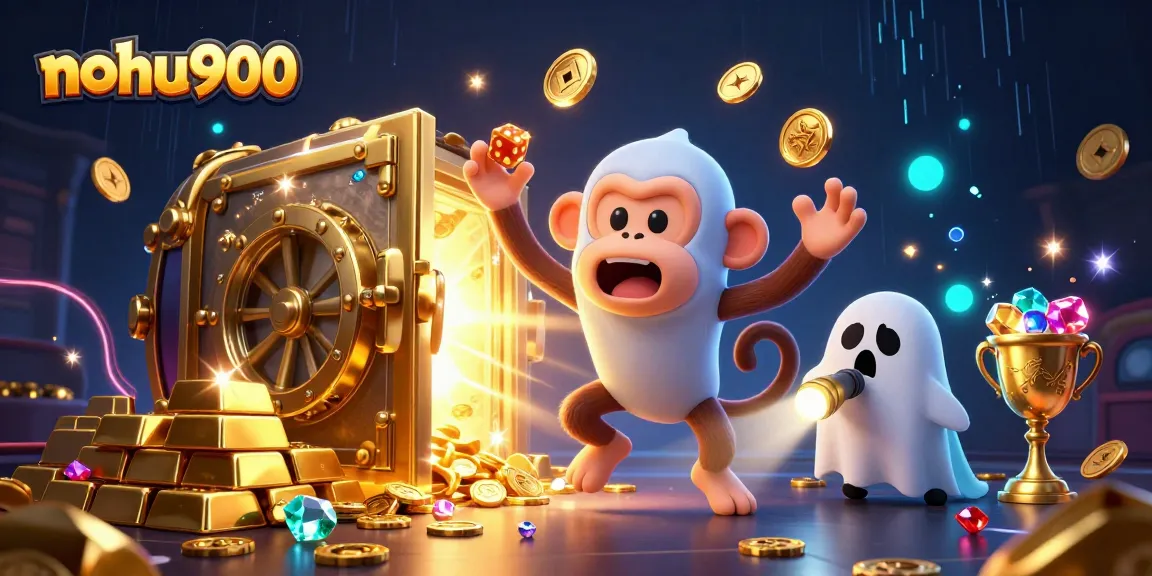 Nohud900 showcases a vibrant haunted casino scene featuring a poltergeist monkey and ghost-hunter puppy with treasures.
