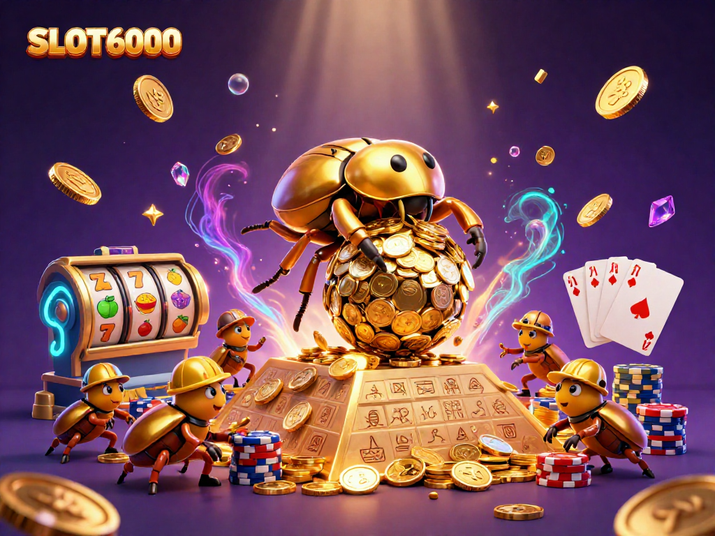 Experience thrilling slots gameplay with SLOT6000 as golden beetles roll coins to a casino pyramid.