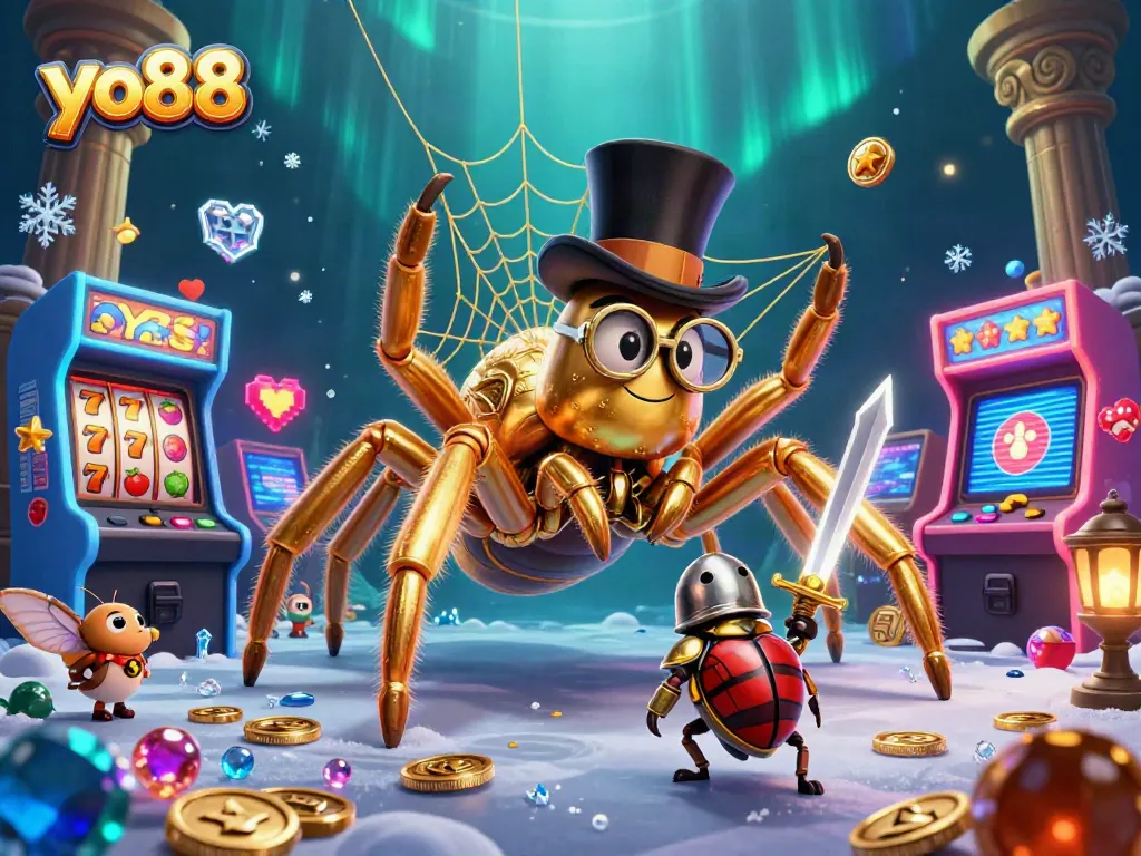 Engage with epic yo88 casino adventures featuring a 3D cartoon spider weaving golden threads among slot machines.