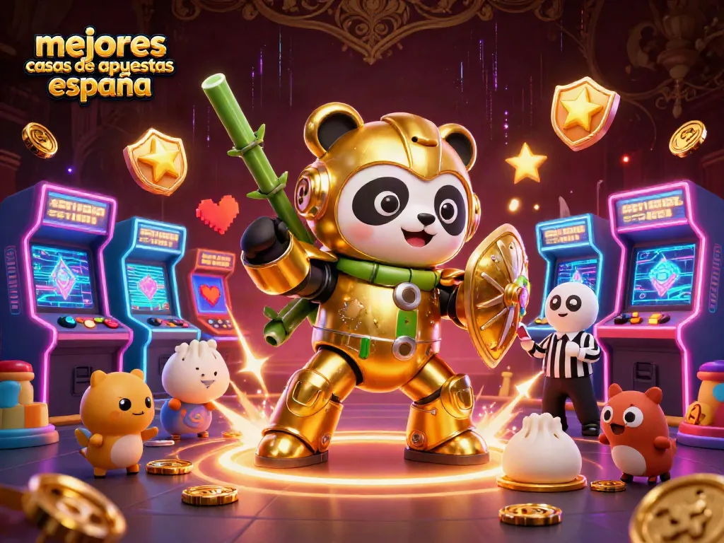 Descubre las mejores casas de apuestas España con un panda dorado y elementos de casino en esta ilustración 3D.