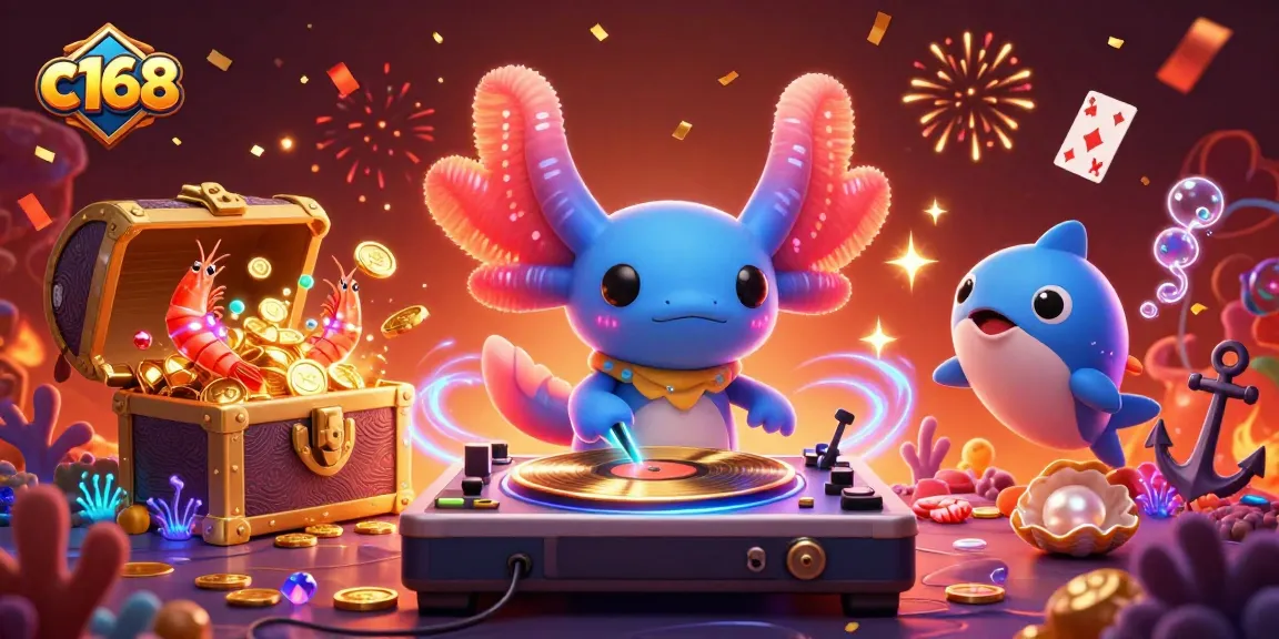 Experience the vibrant action of c168 with a neon axolotl DJ and dancing sea creatures in a casino setting.