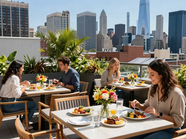 NoHu rooftop dining with city skyline, guests enjoying brunch.