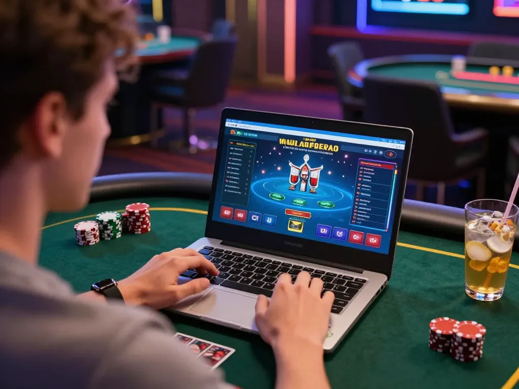 Engaged player strategizing poker bets at 88aa online gaming setup, showcasing immersive atmosphere.