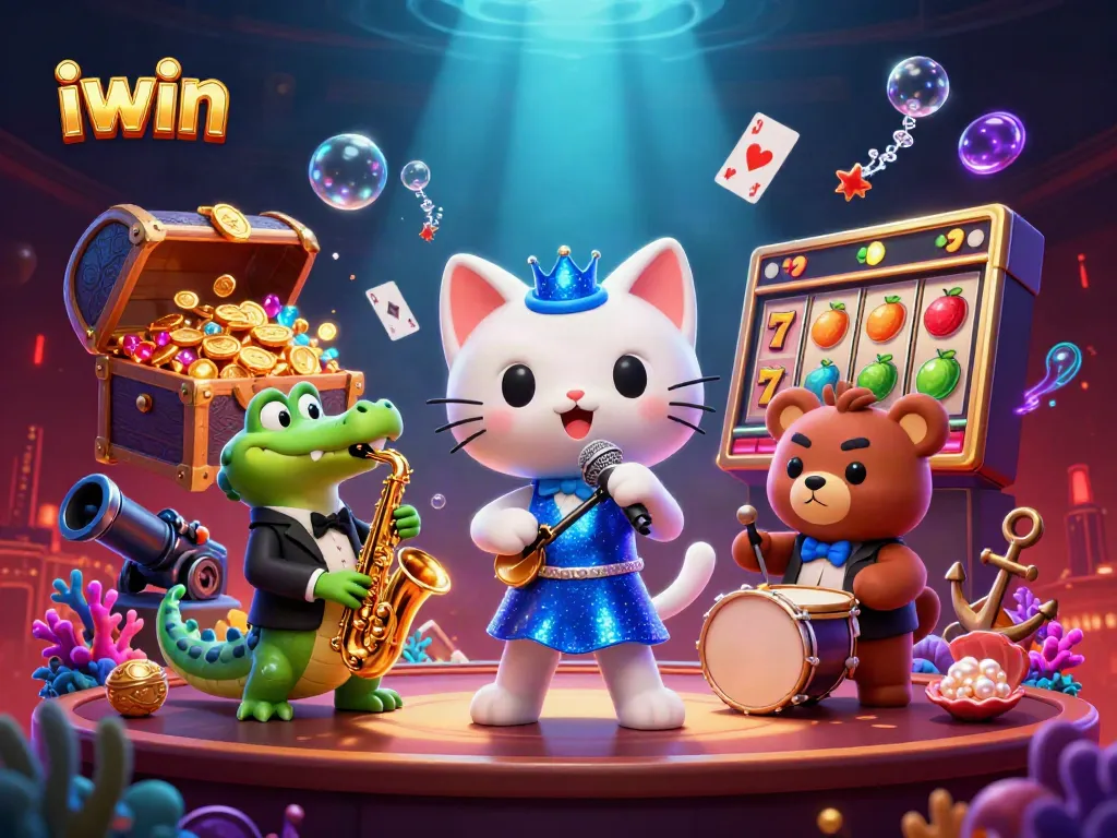 Join the excitement with iwin's vibrant casino scene, featuring melodic characters and dynamic gaming elements.