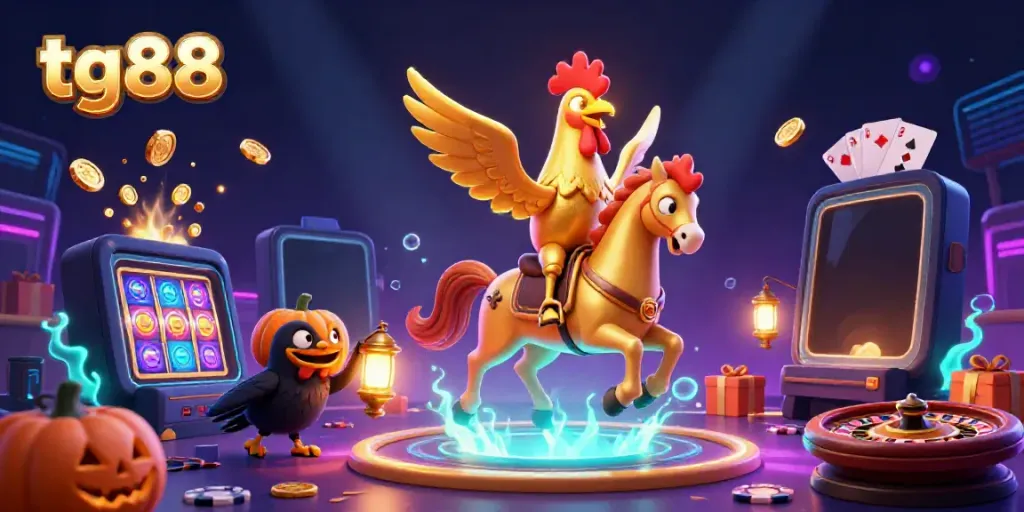 Experience exciting gaming action at tg88 with a vibrant casino scene featuring animated characters and slot games.