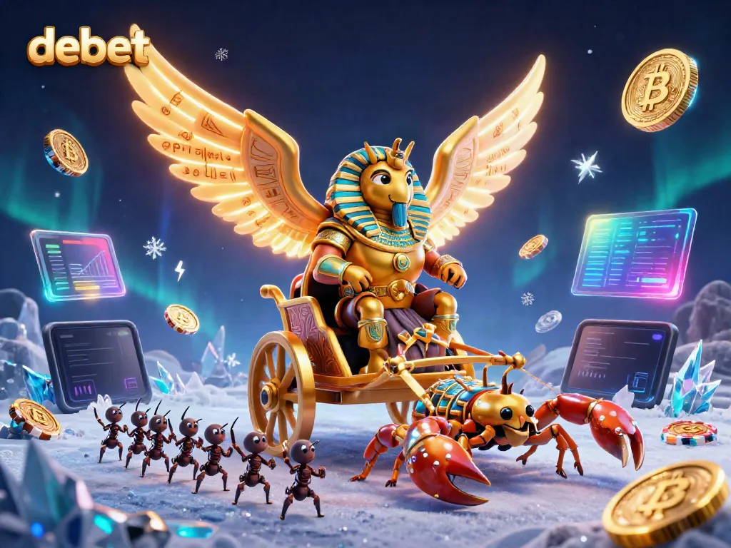 Engage in exciting betting adventures with Debet, featuring a golden scarab and crypto elements.