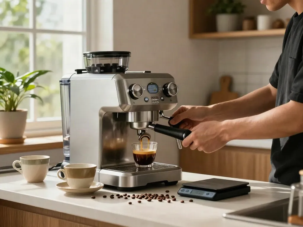 Expertly crafted espresso using ROKOK88 Espresso Machine in stylish kitchen setting.