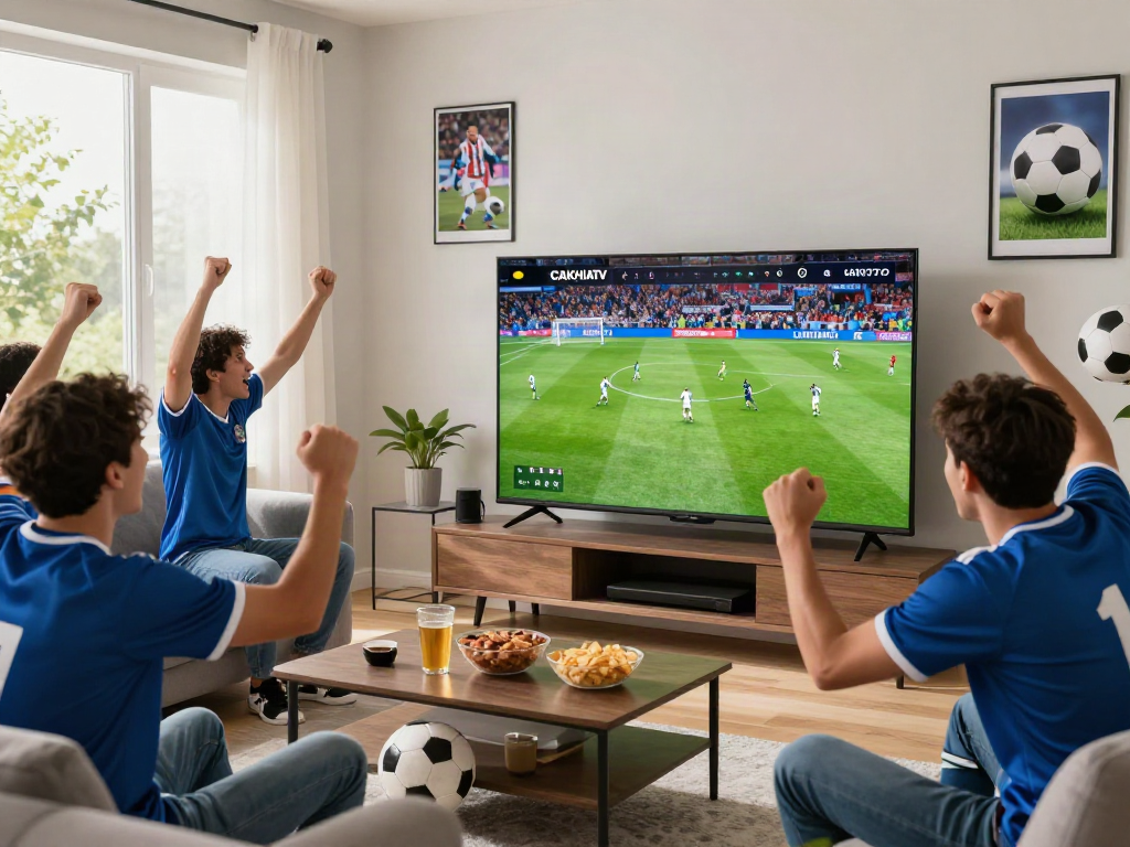 Football fans joyfully watching a match on Cakhiatv in a lively living room