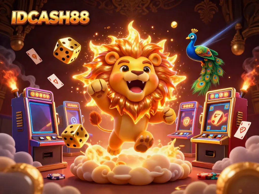 Experience the thrilling action of IDCASH88 with golden dice and roaring lion amid colorful casino elements.