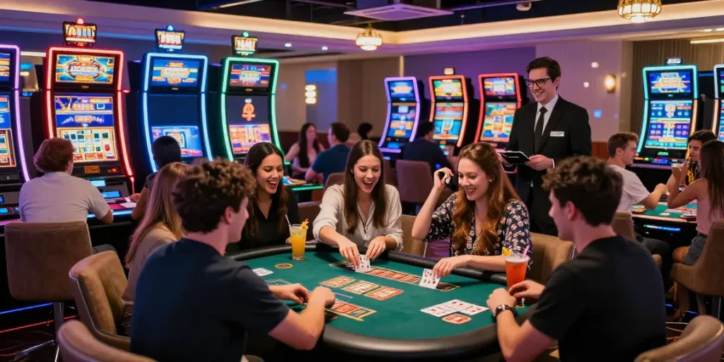 Players celebrating wins at casinos that accept credit card with vibrant lights and exciting atmosphere.