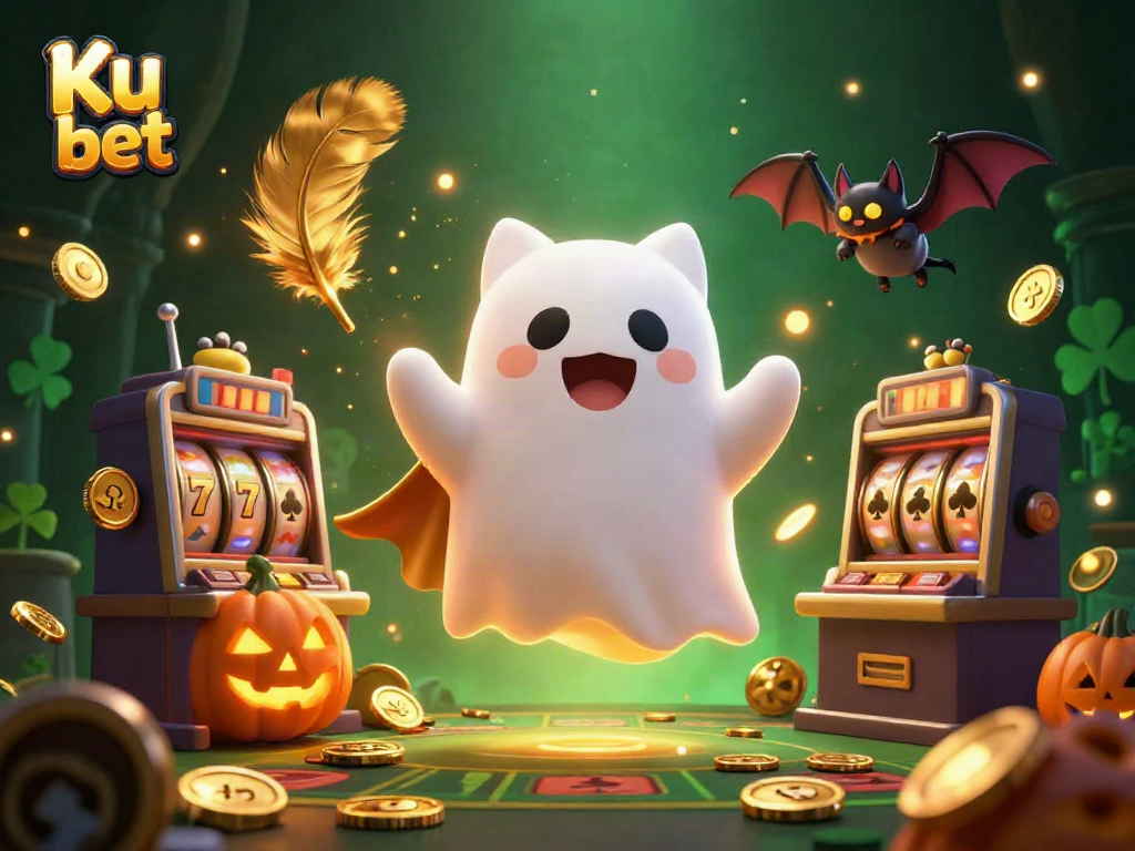 Engage with Ku bet in a vibrant casino scene featuring lively characters, slot reels, and immersive gameplay.