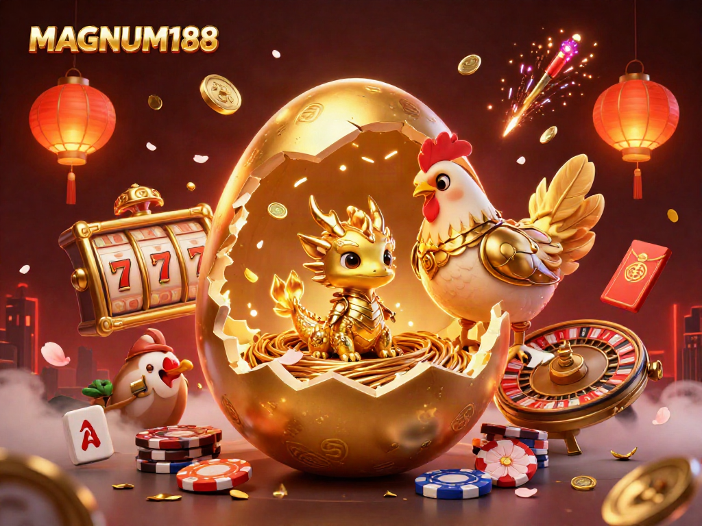 Experience thrilling gameplay with MAGNUM188's golden dragon and vibrant casino elements.