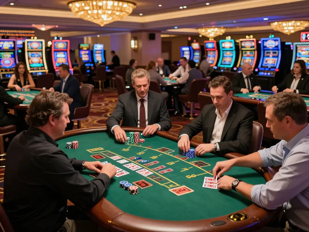 Engaged players at a blackjack table on uk88 com in a lively casino atmosphere, chips and cards in action.