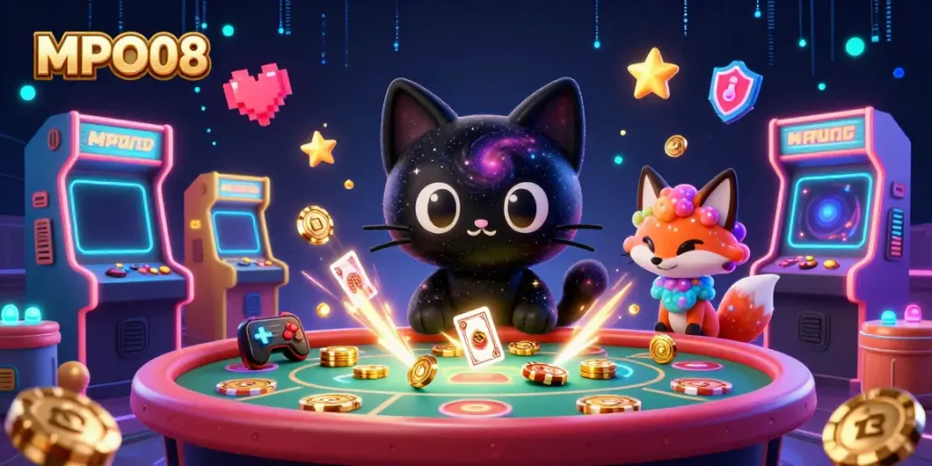 MPO08 engages players at an immersive casino with a galaxy-themed cat and vibrant gaming elements.
