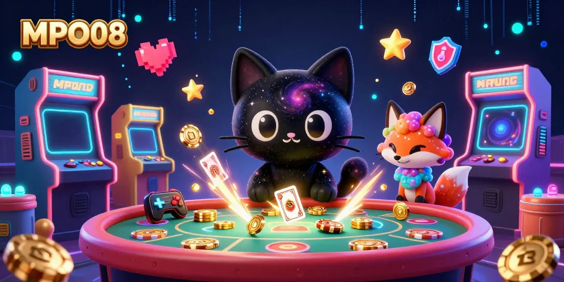 MPO08 engages players at an immersive casino with a galaxy-themed cat and vibrant gaming elements.