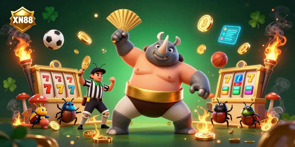 Experience thrilling action at XN88 as a rhinoceros beetle champion unleashes golden coins in this dynamic casino scene.
