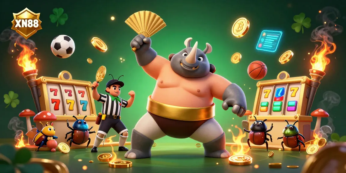 Experience thrilling action at XN88 as a rhinoceros beetle champion unleashes golden coins in this dynamic casino scene.