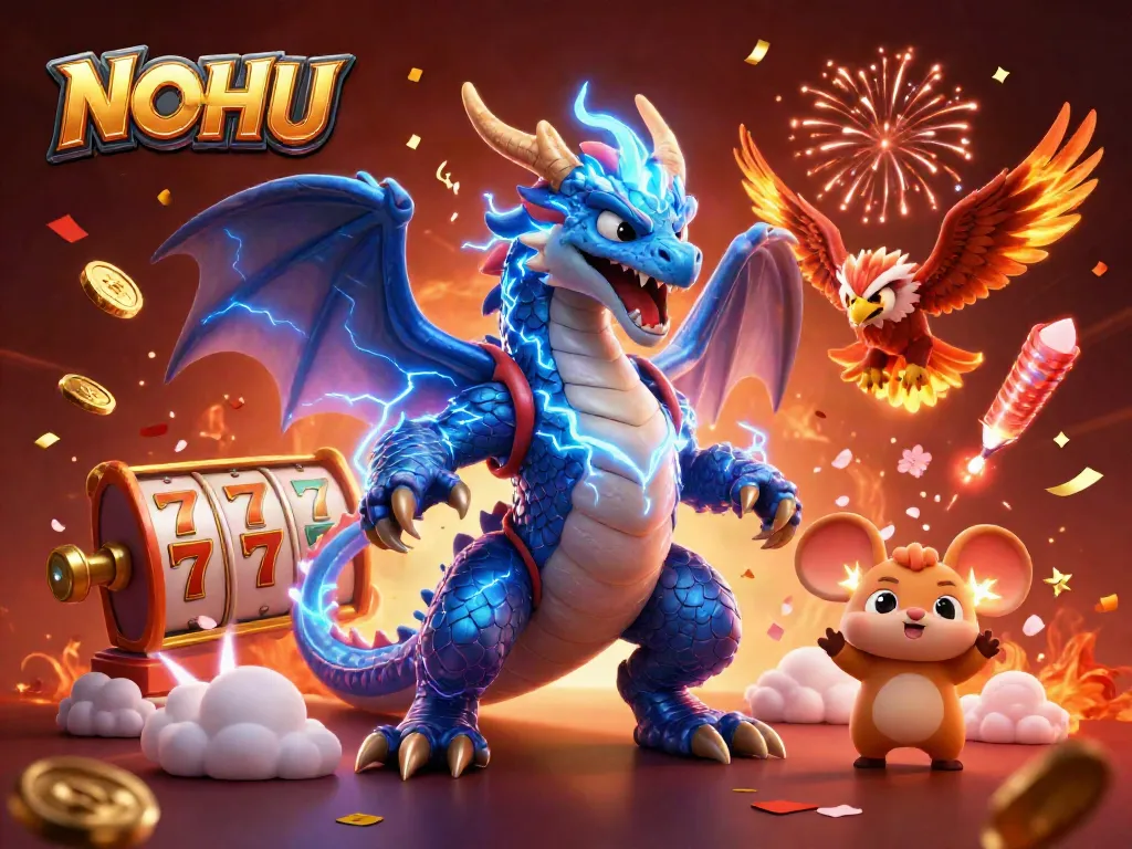 Experience thrilling jackpots at NOHU with electrifying characters and vibrant casino elements.