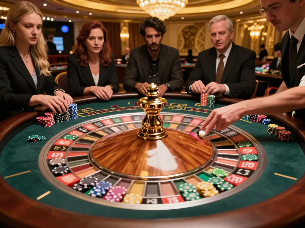 Players engaging at the roulette table in a luxury casino setting, showcasing excitement and strategy with VA88.