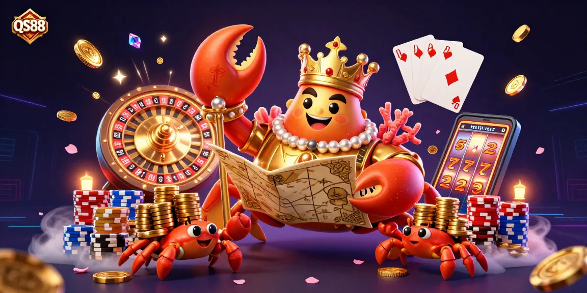 QS88 casino illustration featuring a golden crab emperor with chip-carrying servants, creating a dynamic gambling scene.
