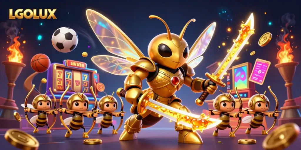 Experience thrilling gameplay at LGOLUX with our dynamic 3D casino scene featuring gold coins and exciting slots.