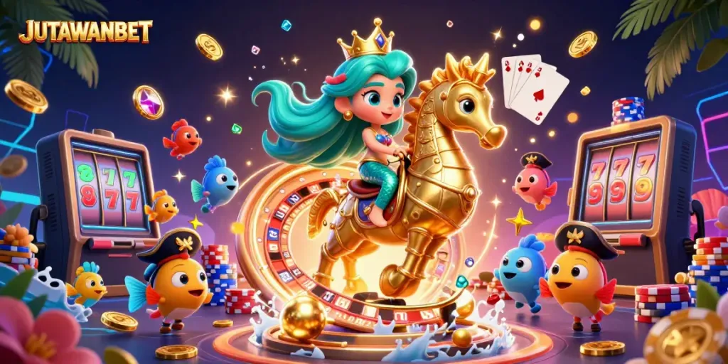 Experience the excitement of JUTAWANBET with a vibrant casino scene full of characters and game elements.
