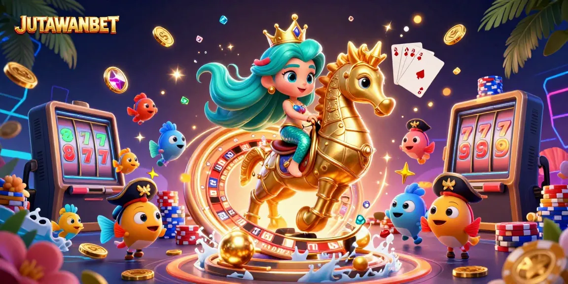 Experience the excitement of JUTAWANBET with a vibrant casino scene full of characters and game elements.