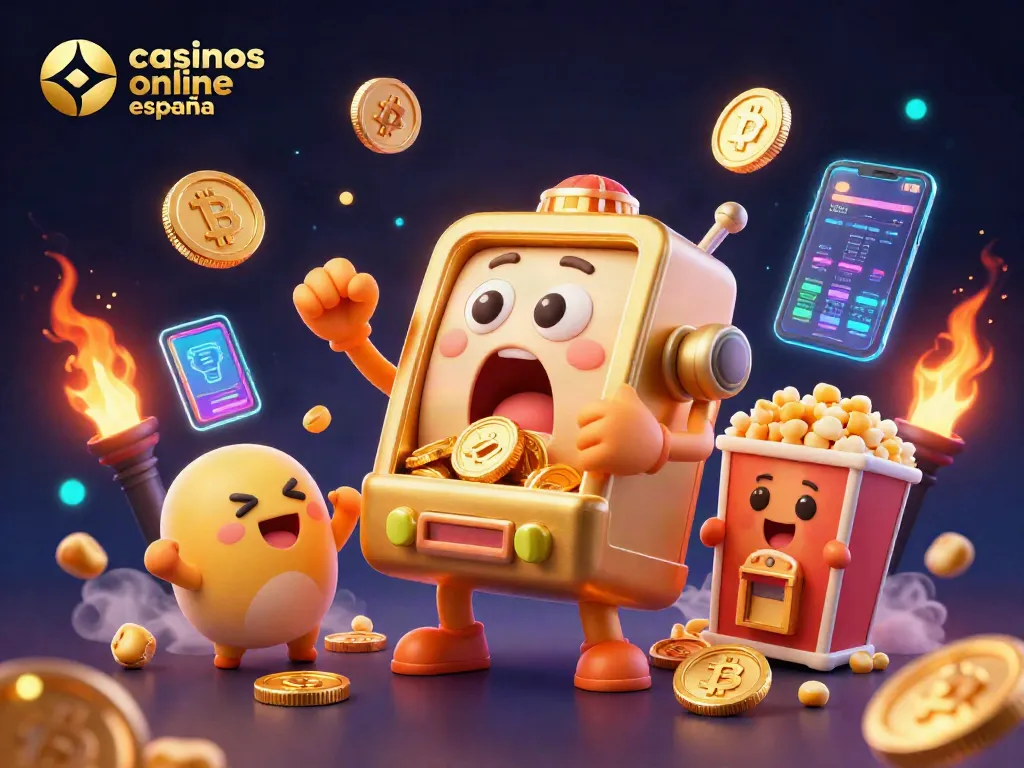 Casinos online en España: la tragamonedas dorada celebra un jackpot mientras monedas y elementos de criptomonedas decoran el fondo.