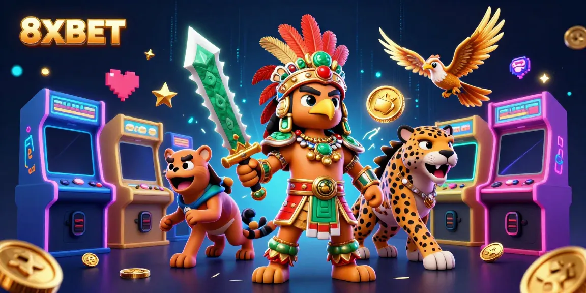 Experience the vibrant gaming world of 8XBET with Aztec characters and arcade elements.