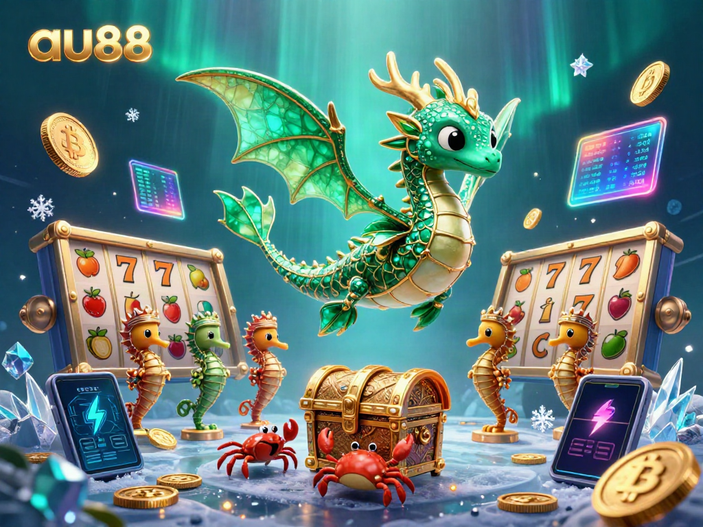 Play slots and win with au88 as a vibrant sea dragon guards a treasure chest in an underwater casino