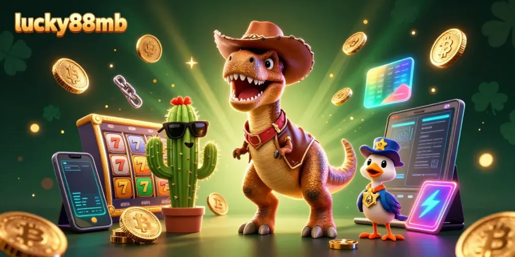 Engage in thrilling gameplay at lucky88mb with 3D casino elements and cartoon dinosaur characters.