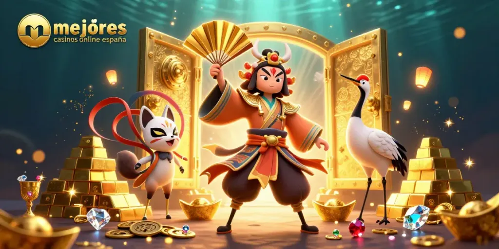 Ilustra la magia de los mejores casinos online en España, con guerreros y tesoros brillantes.