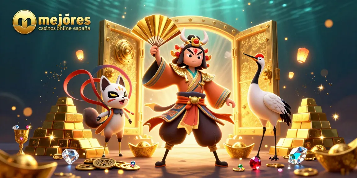 Ilustra la magia de los mejores casinos online en España, con guerreros y tesoros brillantes.