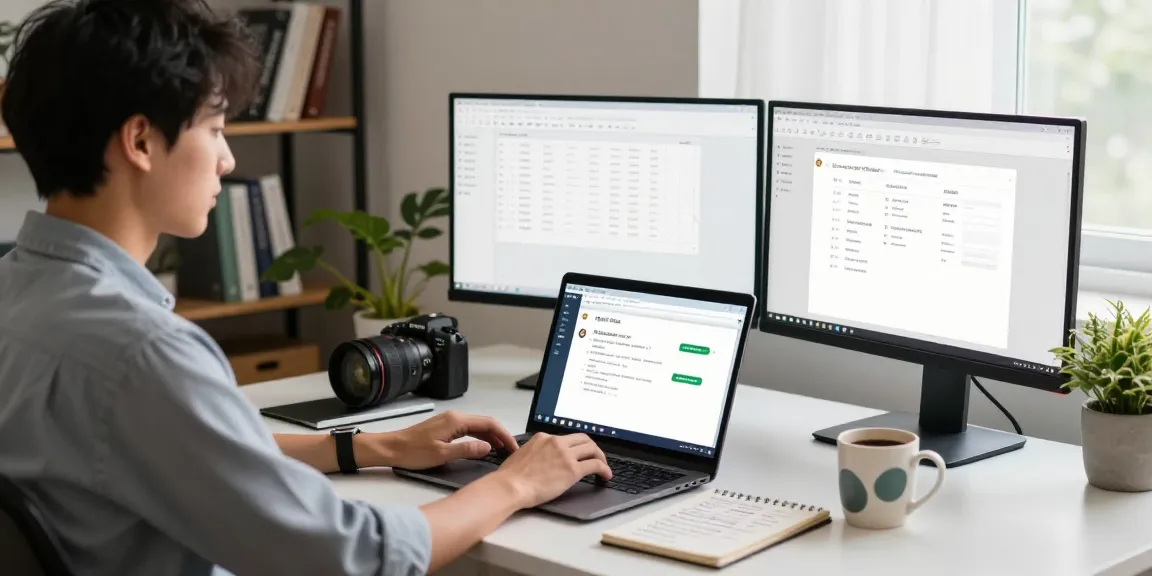 Download WPS Office in a modern workspace with a professional using a laptop and multiple screens, showcasing productivity.