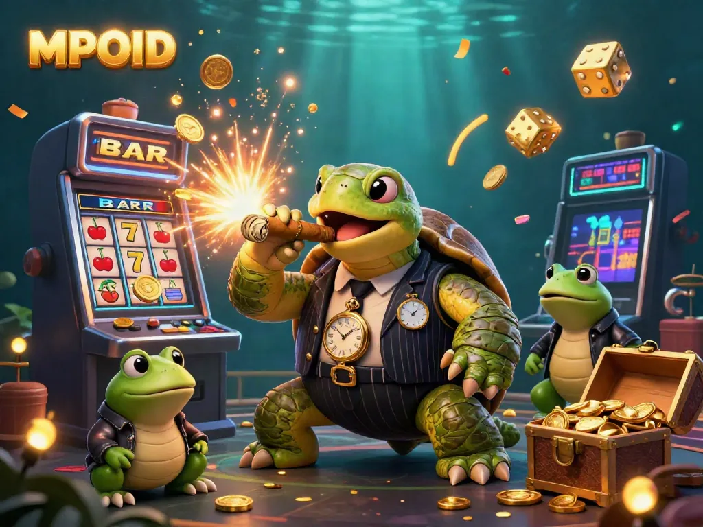 MPOID showcases a vibrant casino scene in a 3D cartoon format featuring a turtle mobster surrounded by gaming elements.