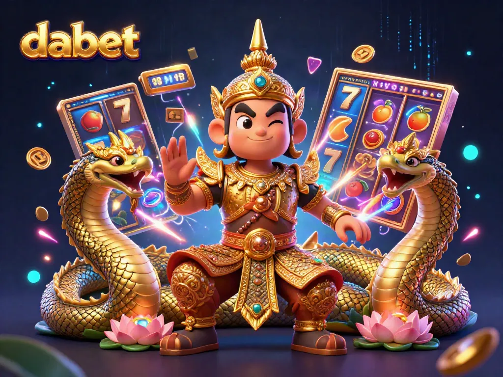 Dabet showcases a vibrant casino scene featuring a friendly yaksha guardian amidst colorful slot reels and jackpot symbols.
