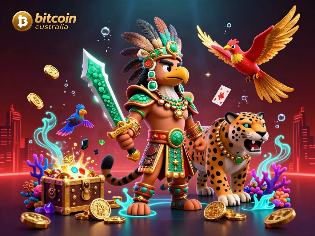 Engage in Bitcoin casino Australia thrilling gameplay with 3D Aztec warrior and jaguar amidst crypto elements.