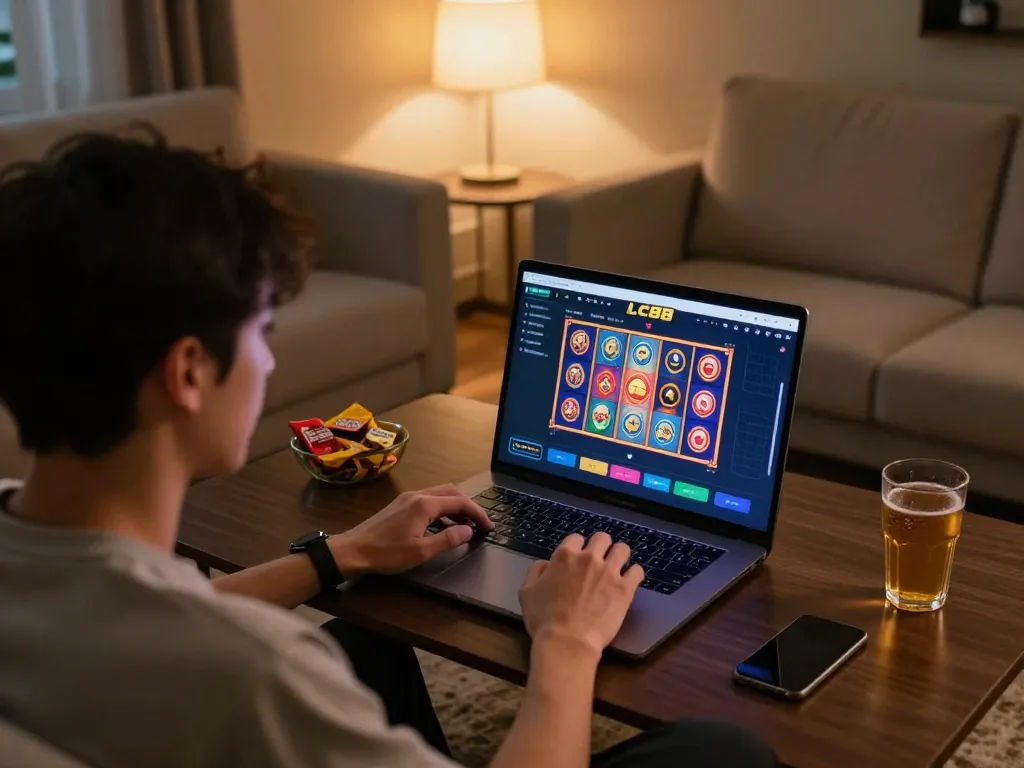 Engaging in online gaming with LC88 app showcasing vibrant slot games in a cozy home setup