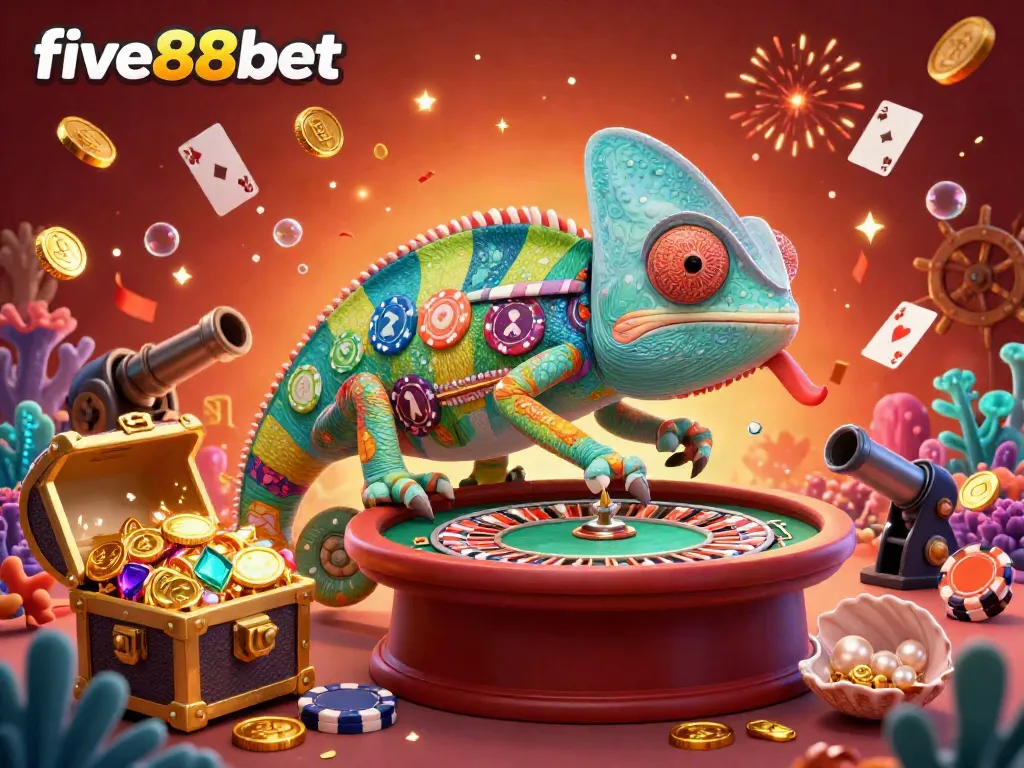 Engage in vibrant gaming with five88bet, featuring a chameleon casino owner and entertaining game elements.