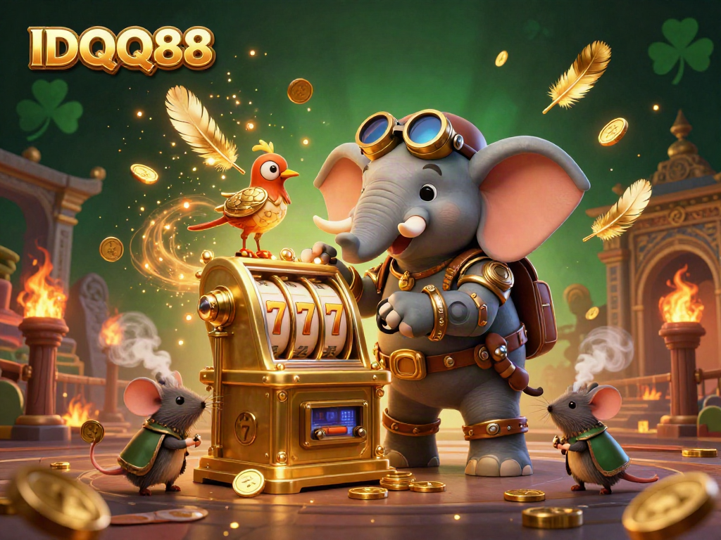 Spin the IDQQ88 golden slot machine with a steampunk elephant engineer in action.