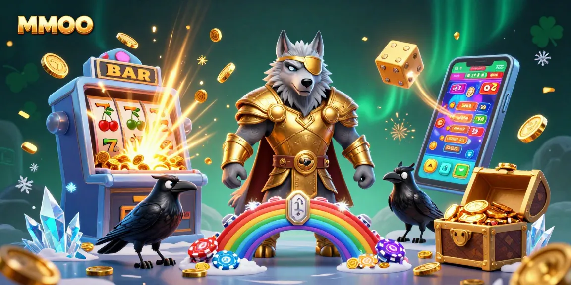 Spin the reels at MMOO Casino with a vibrant 3D illustration of jackpot excitement and mythical characters.
