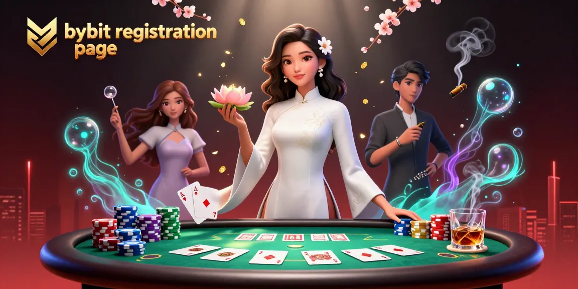 Engage with the bybit registration page as an elegant woman holds symbols of success in a casino.