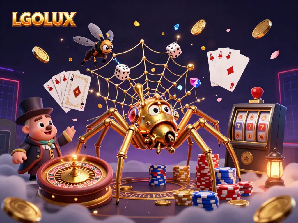 Experience vibrant casino action with LGOLUX in this dynamic 3D illustration of gaming and fortune.