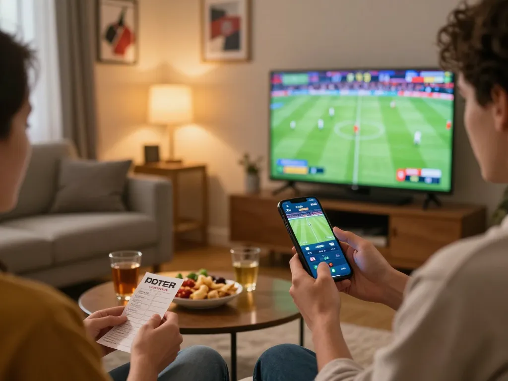 Watch CAKHIATV live football match while placing bets on a smartphone, enjoying an engaged sports atmosphere.