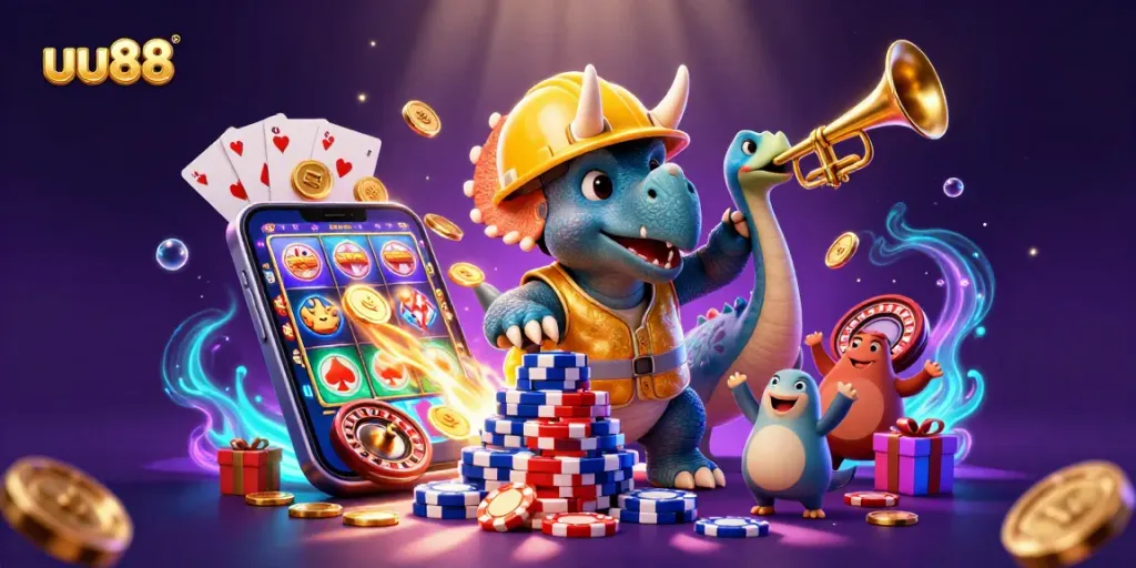 Engage in thrilling games at uu88 with a vibrant, celebratory casino scene featuring playful dinosaurs and exciting gaming elements.