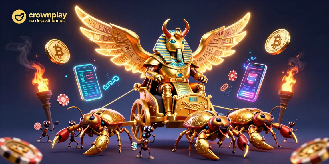 Crownplay no deposit bonus visual featuring a golden scarab beetle in a dynamic casino scene with glowing cryptocurrency elements.