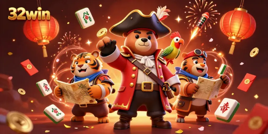 Engaging 32win scene with a bear pirate captain and tiger mate celebrating gambling victories.