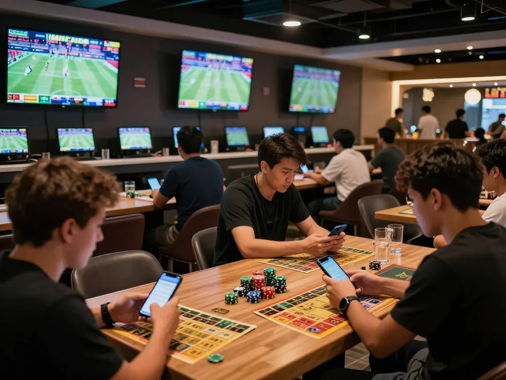 fly88 đăng ký with enthusiastic patrons engaging in sports betting, analyzing odds in a lively lounge setting