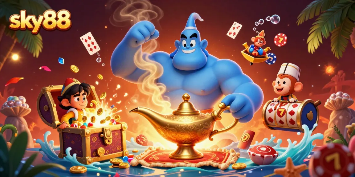 Experience sky88's thrilling casino atmosphere with a magical genie, poker chips, and underwater treasures.