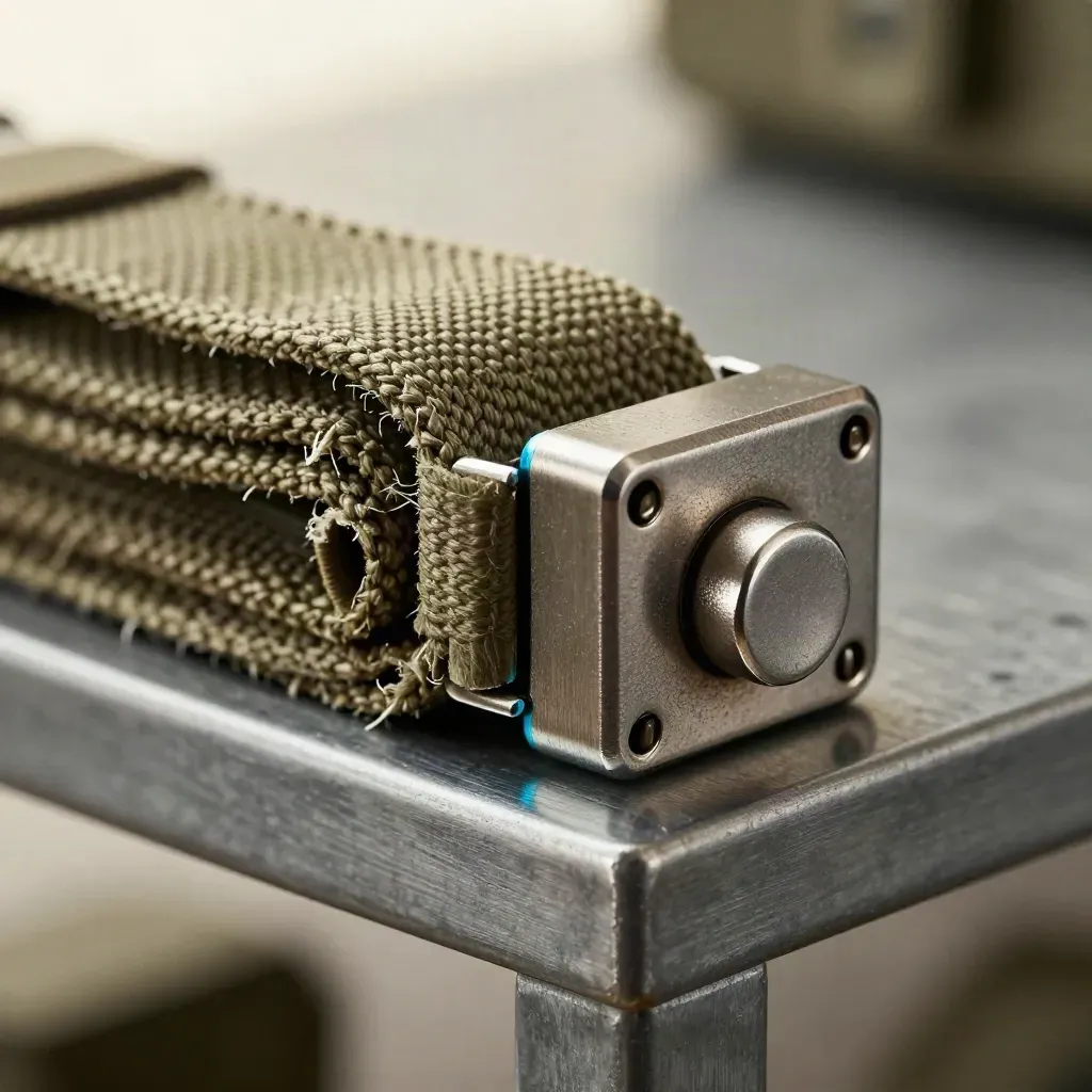 Macro of a latch key, steel seal, and canvas strap on a metal shelf.